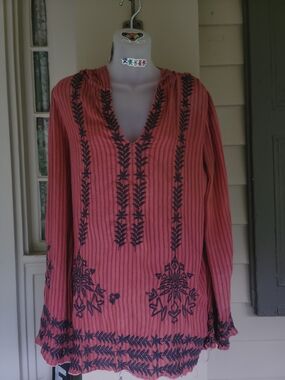 Free People Red Black Striped  Embroidered V-Neck Tunic Hoodie